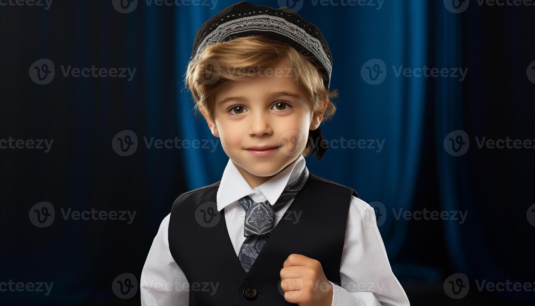 AI generated A confident, cute schoolboy in a stylish suit, smiling outdoors generated by AI photo