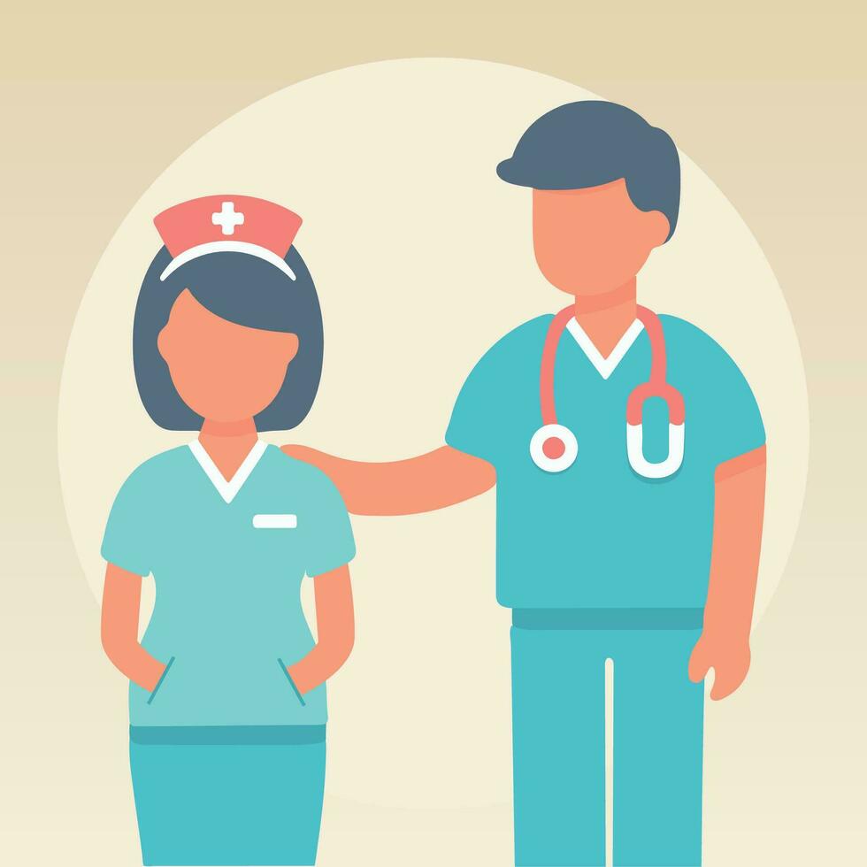 male doctor comforting female nurse hand on pocket in hospital duty medical uniform flat vector illustration character, paramedic staff stethoscope, practitioner and nurse friendly at health center