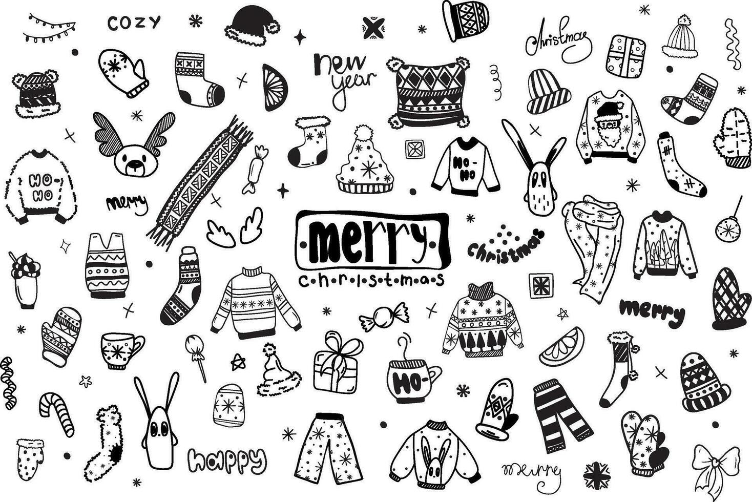 Black and white christmas doodle set isolated on white, for postcard, patterns and wrapping. Vector. vector