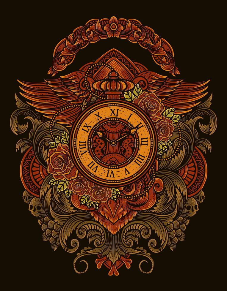 ilustración vector antiguo reloj con Clásico grabado ornamento marco