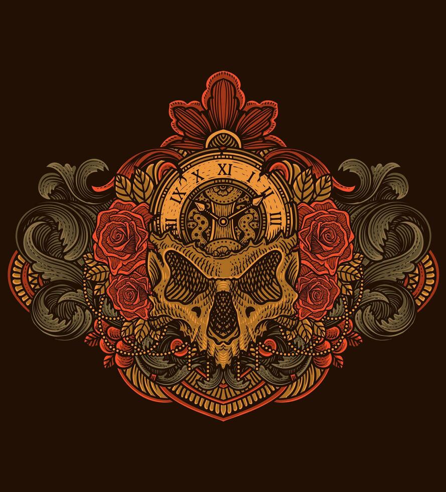 ilustración mano dibujado. cráneo reloj cabeza con Rosa flor - antiguo grabado ornamento vector