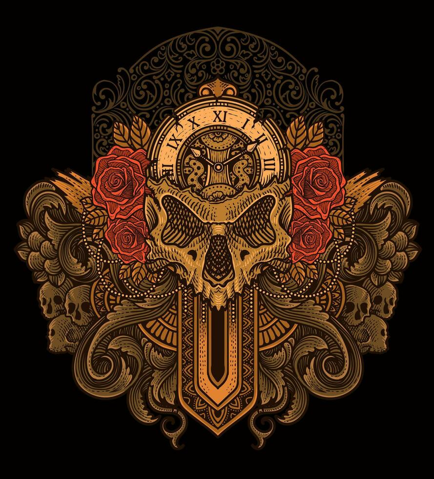 ilustración mano dibujado. cráneo reloj cabeza con Rosa flor - antiguo grabado ornamento vector