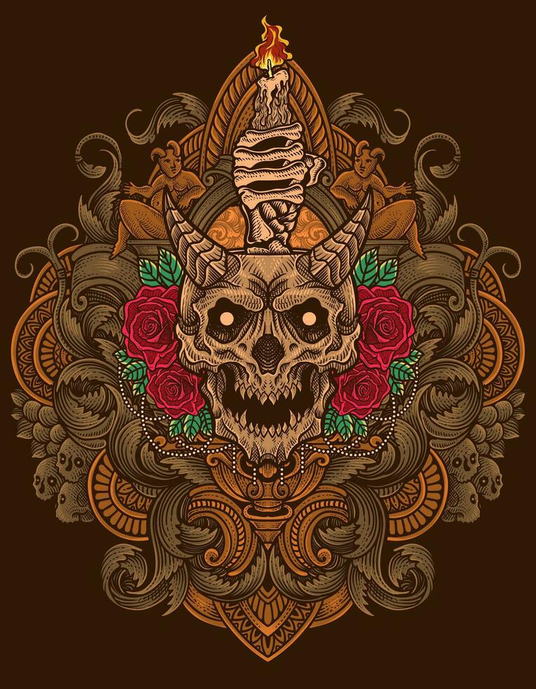 ilustración mano dibujado. demonio cráneo vela con Rosa flor - Clásico grabado ornamento vector