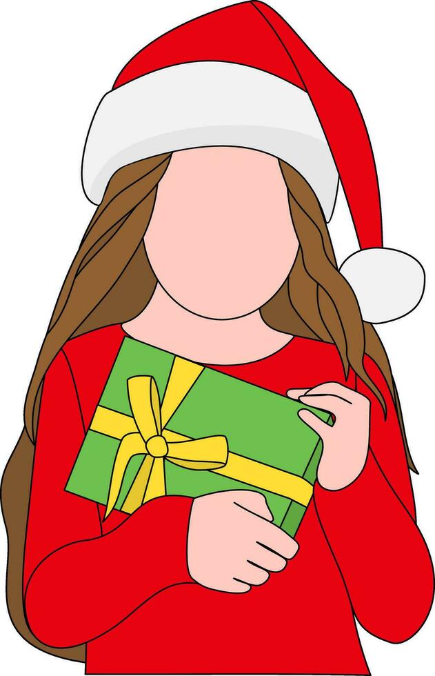 Girl in red dress wearing Santa hat holding a gift box on her chest vector