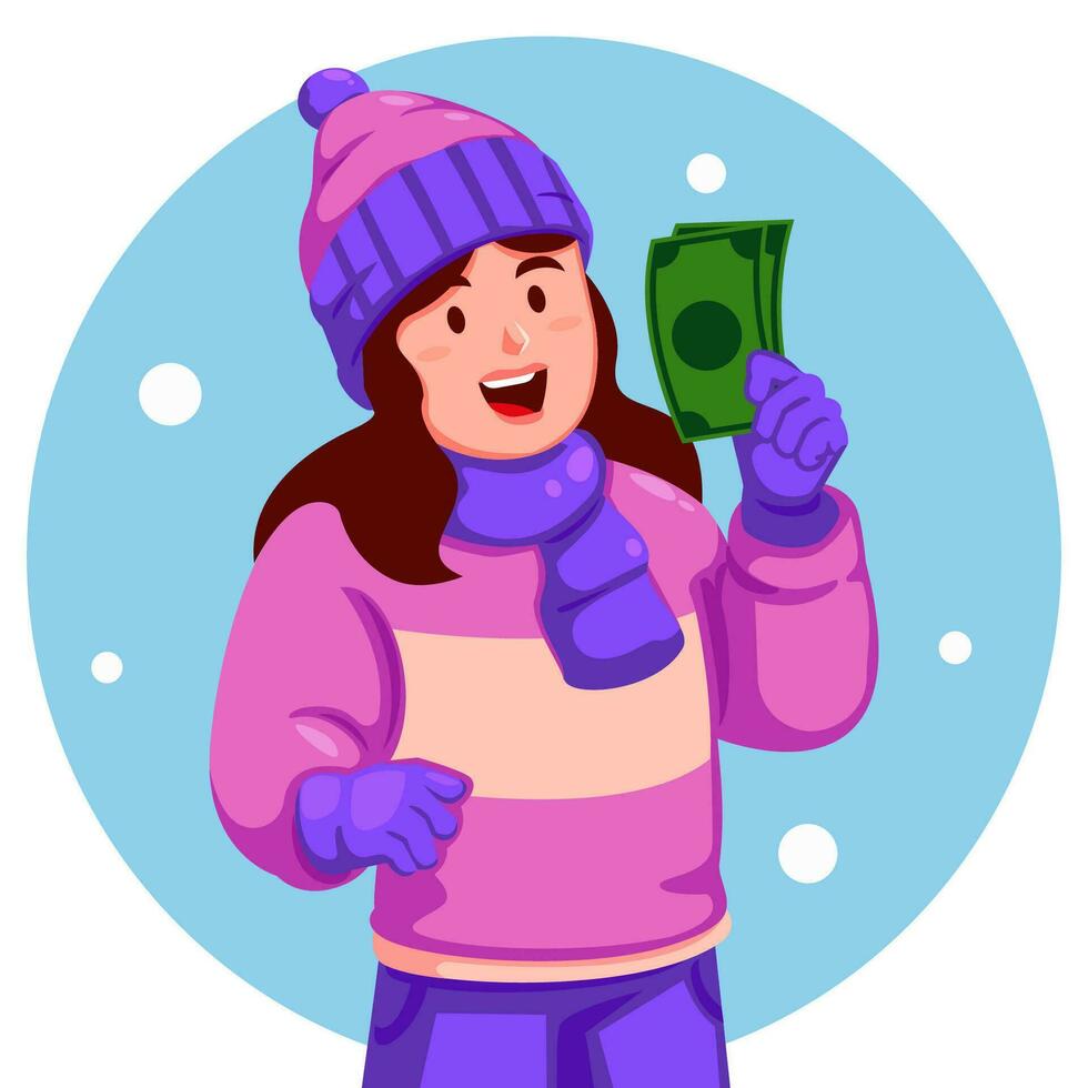 niña vistiendo invierno ropa participación un dinero vector