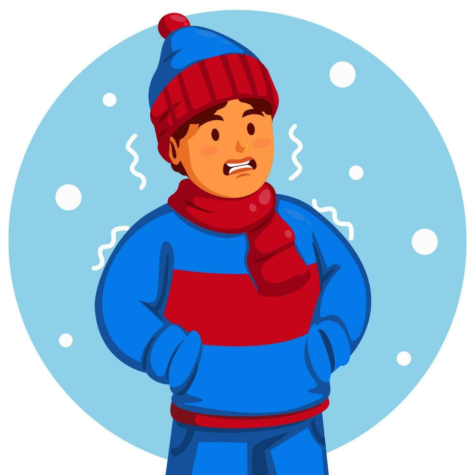 Boy Wearing a Winter Hat and Scarf feels shivering from the cold vector