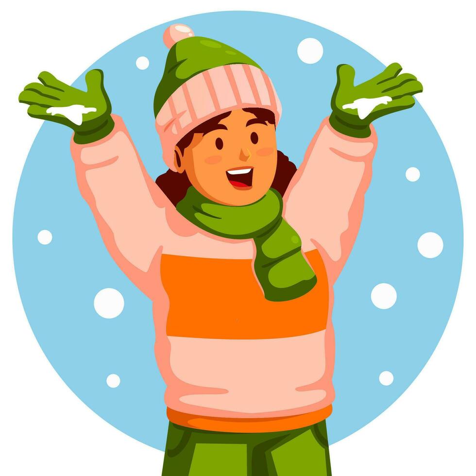 Girl in winter clothes with hands up in the air vector