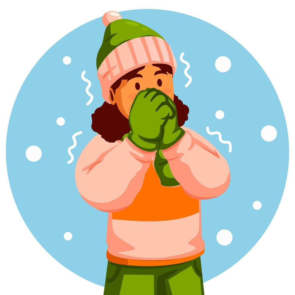 Girl Wearing a Winter Hat and Scarf feels shivering from the cold vector