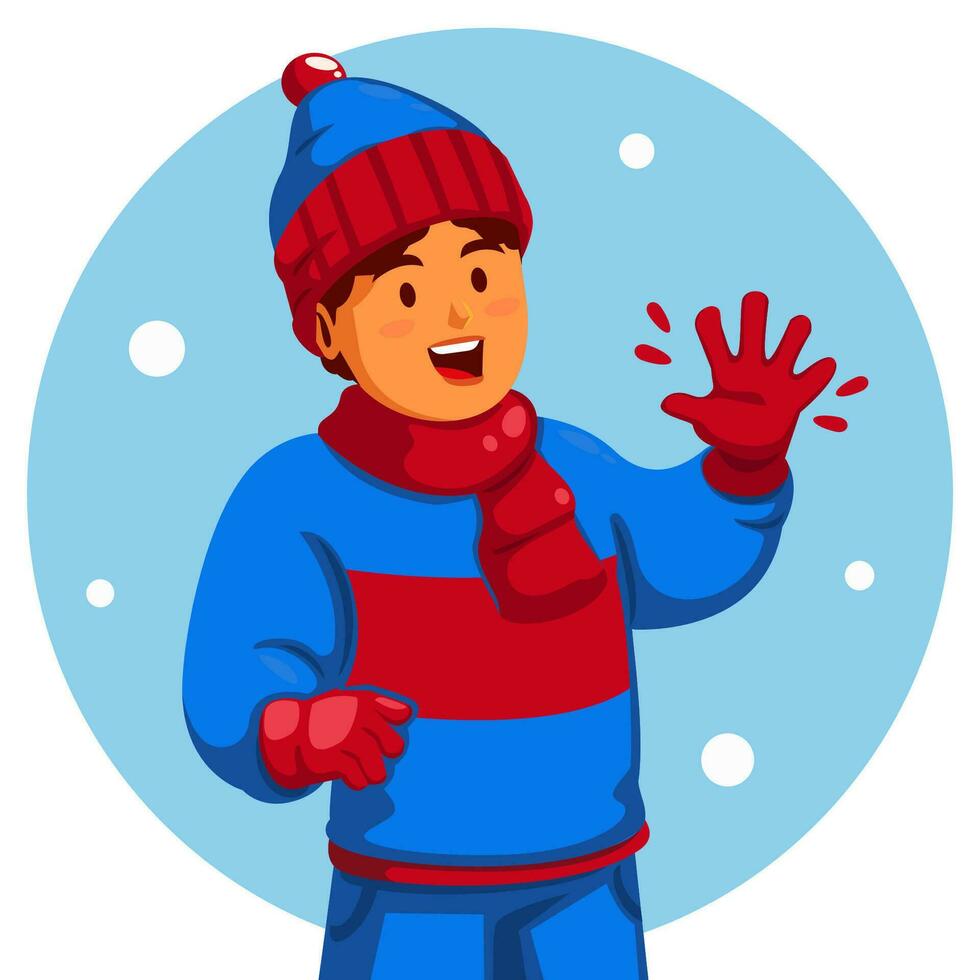 Girl wearing a winter hat and gloves waving her hand vector
