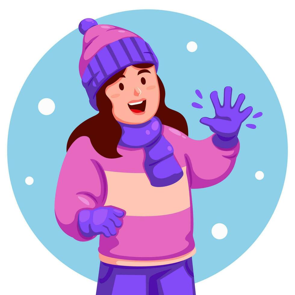 niña vistiendo un invierno sombrero y guantes ondulación su mano vector