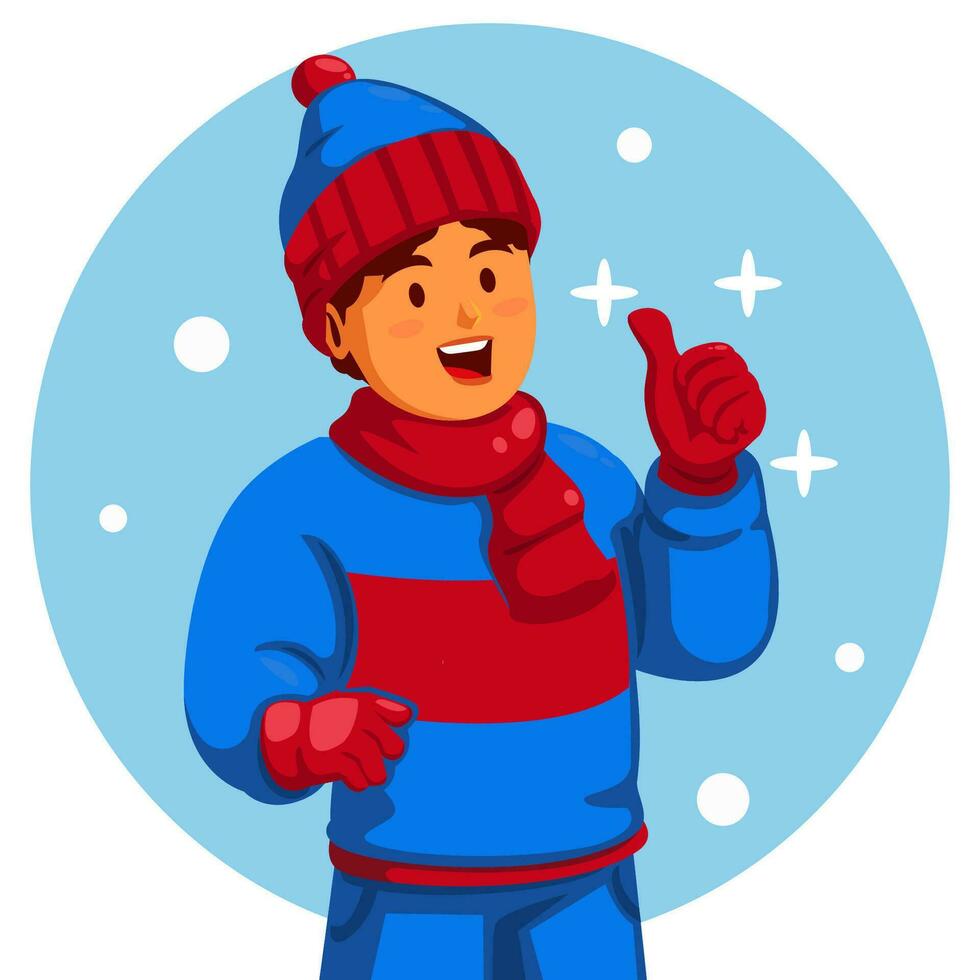 Boy in winter clothes and showing thumbs up vector