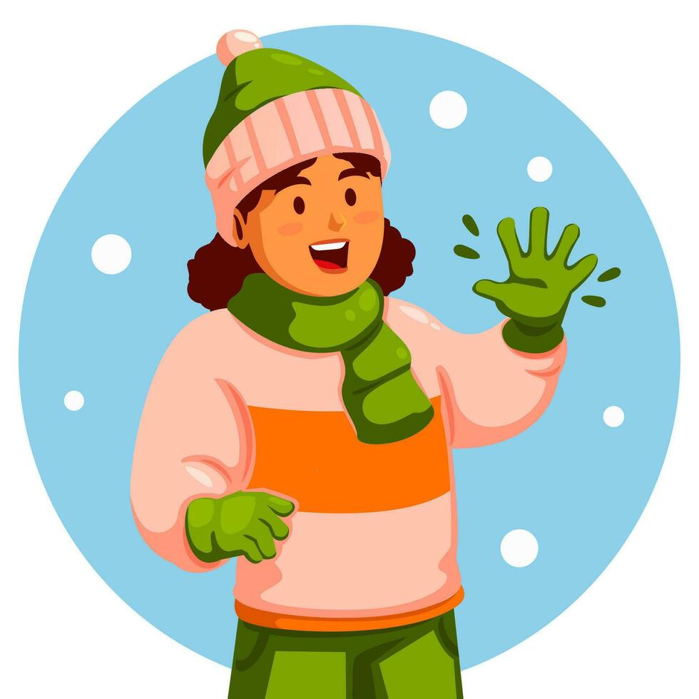 Girl wearing a winter hat and gloves waving his hand vector