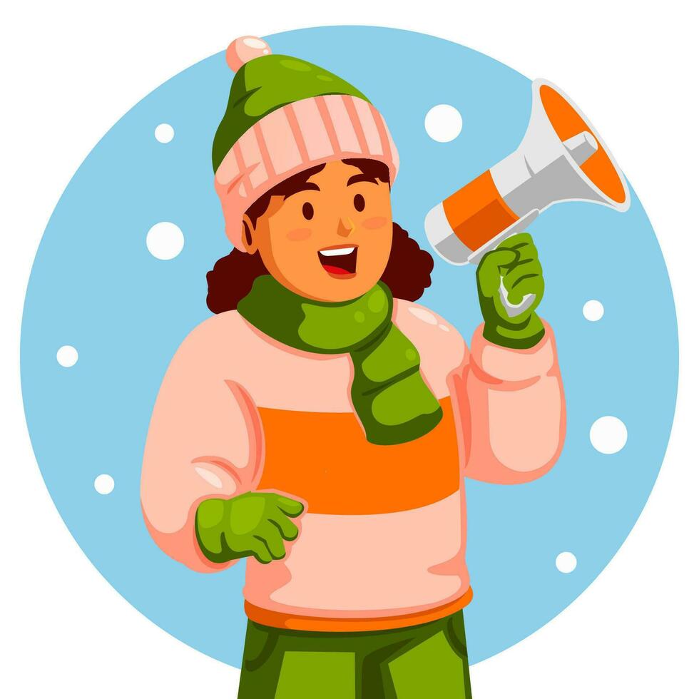 Girl Wearing Winter Clothes Holding a megaphone vector