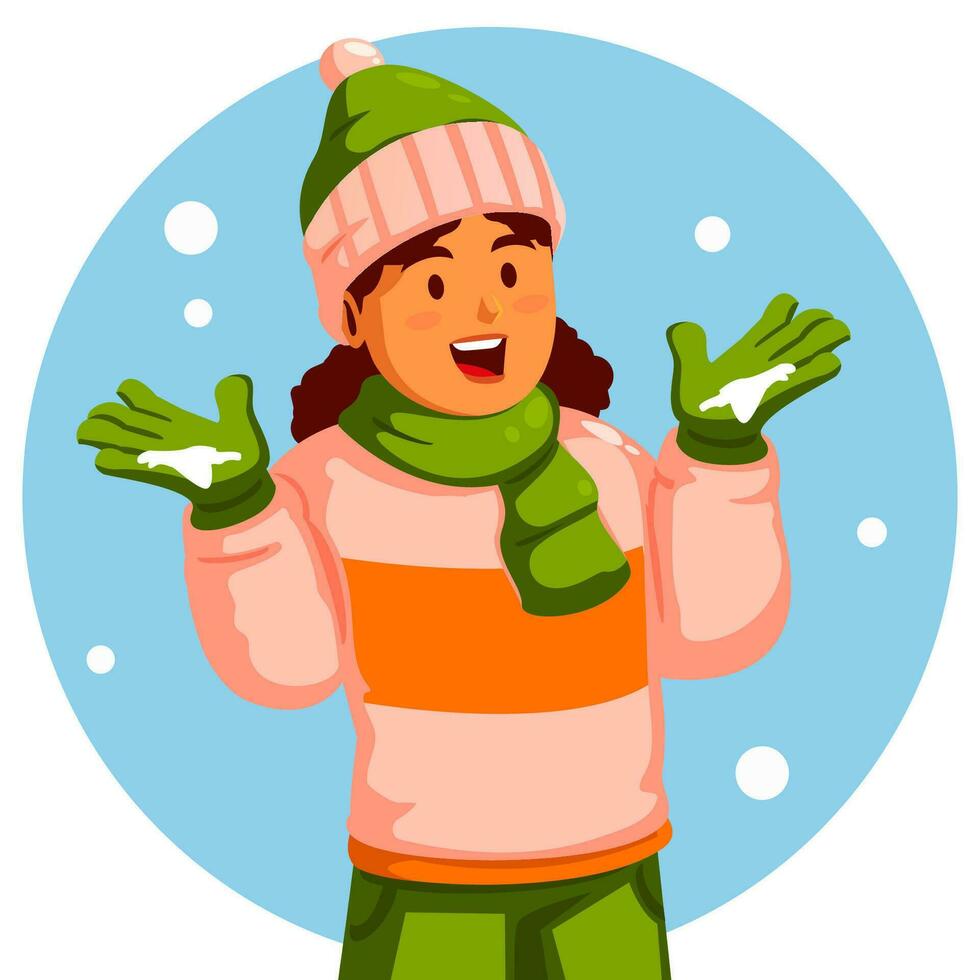 Girl in winter clothes with hands up in the air vector