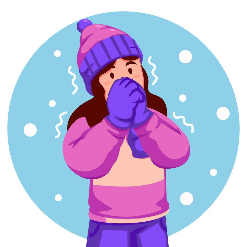 Girl Wearing a Winter Hat and Scarf feels shivering from the cold vector