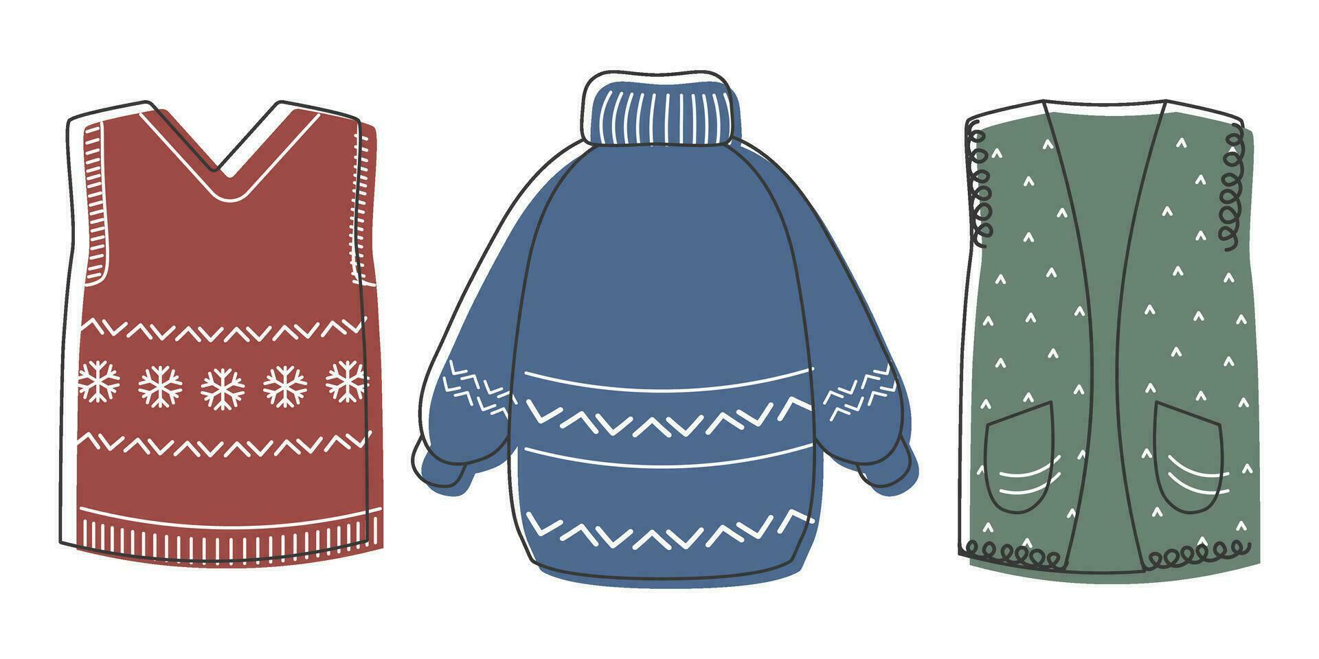 Hand drawn Warm winter Clothes set. Line Vector illustration Outfit