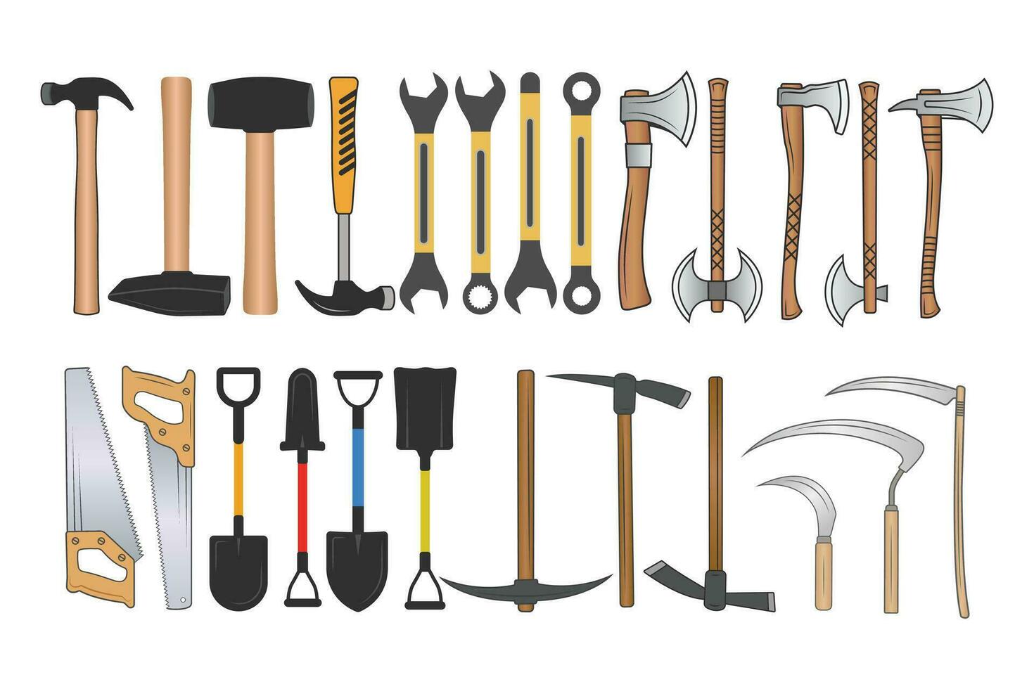 Spanner Vector Bundle, Spanner silhouette Bundle, Hammer Bundle,  Axe, Pick Axe, Saw illustration Bundle, Shovel, sickle Mechanic Tools, Worker elements, Labor equipment, Spanner line art