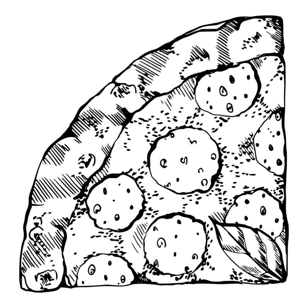 Hand drawn vector ink illustration. Pepperoni pizza slice, mozzarella tomato basil, Italian cuisine. Single object isolated on white. Design restaurant menu cafe, food shop or package, flyer print.