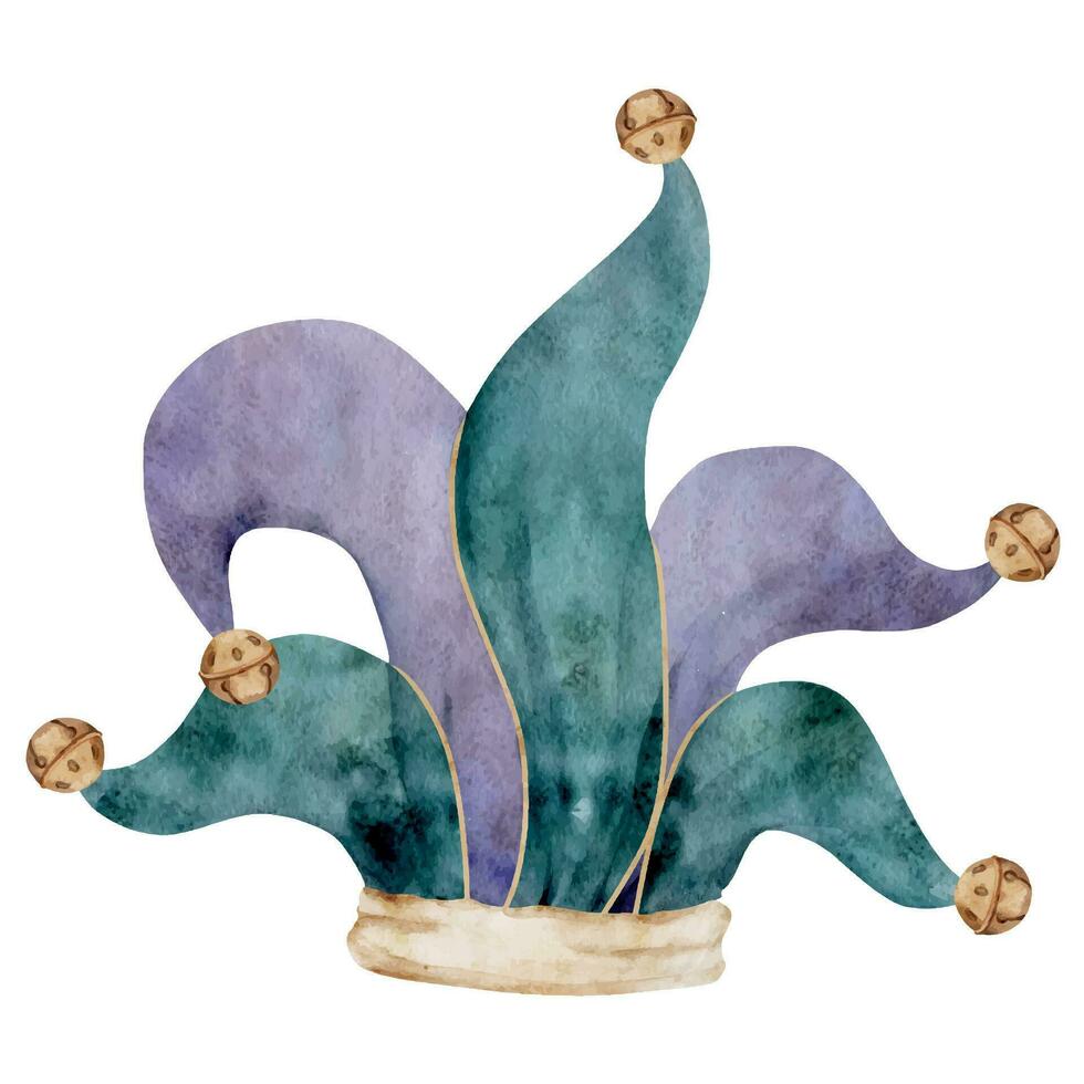 Hand drawn watercolor Mardi Gras carnival symbols. Jester fool clown hat with jingle bells, gold purple green. Single object isolated on white background. Design for party invitation, print, shop vector