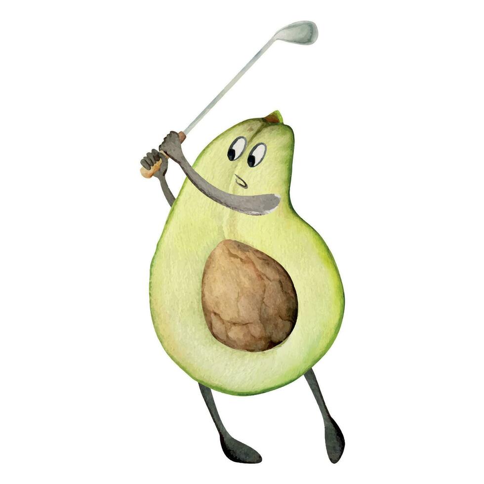 Hand drawn watercolor cute avocado character playing golf, swinging club to hit the ball. Fitness health. Illustration isolated composition, white background. Design poster, print, website, card, gym vector