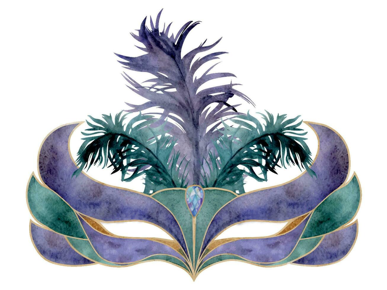 Hand drawn watercolor Mardi Gras carnival symbols. Theater masquerade circus mask with feathers, gold purple green. Single object isolated on white background. Design for party invitation, print, shop vector