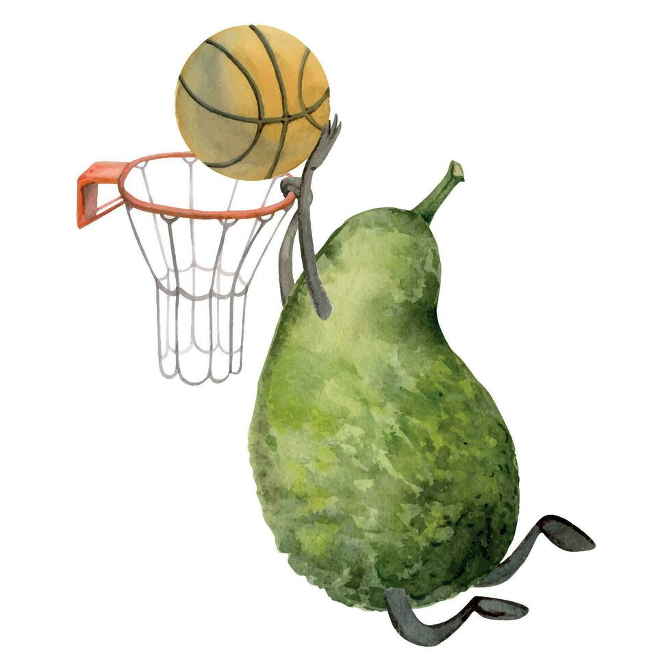 Hand drawn watercolor cute avocado character playing basketball game with ball and hoop. Fitness health. Illustration isolated composition, white background. Design poster, print, website, card, gym vector