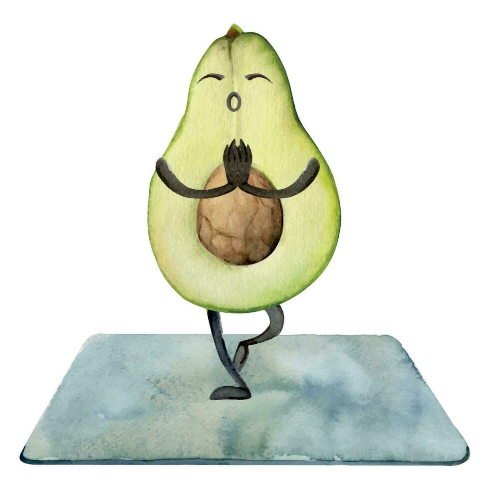 mano dibujado acuarela linda aguacate personaje haciendo yoga extensión asana práctica. aptitud salud. ilustración aislado composición, blanco antecedentes. diseño para póster, imprimir, sitio web, tarjeta, gimnasio vector