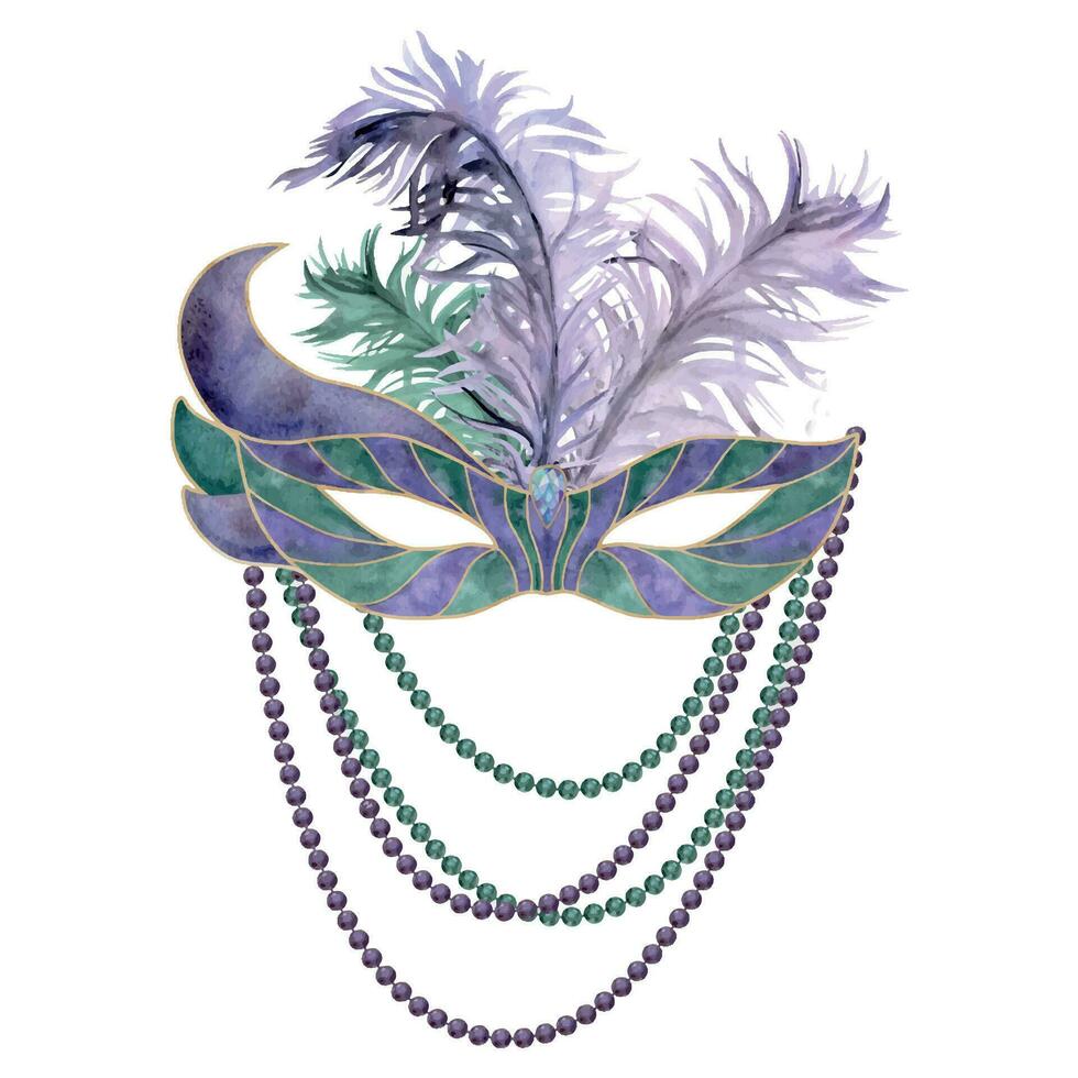 Hand drawn watercolor Mardi Gras carnival symbols. Theater masquerade mask with feathers and beads, gold purple green. Single object isolated on white background. Design party invitation, print, shop vector
