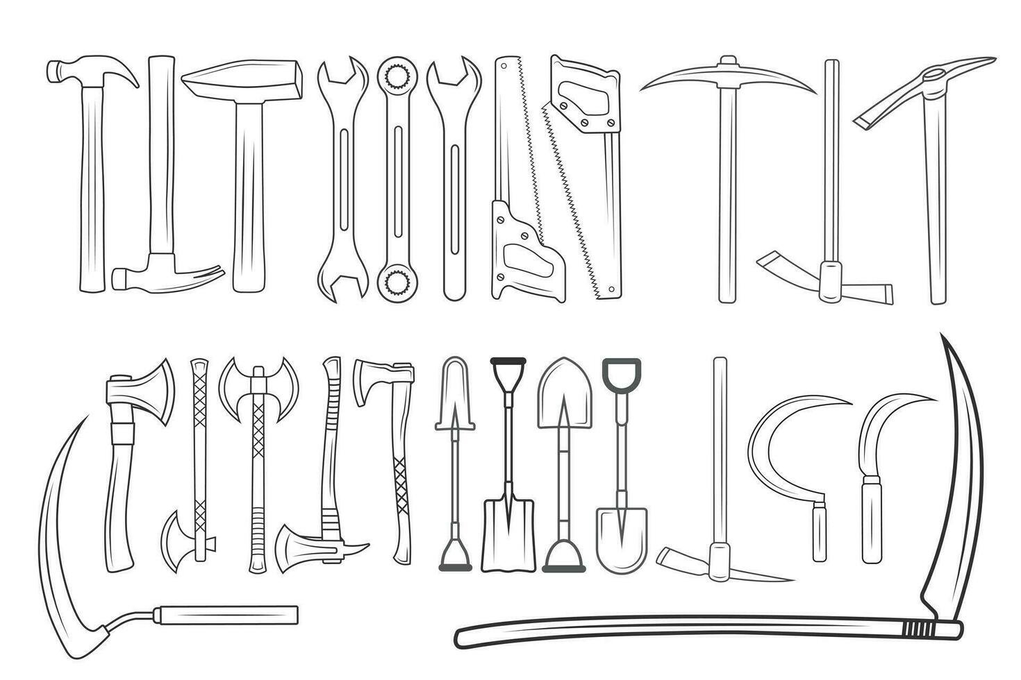 Spanner Vector Bundle, Spanner silhouette Bundle, Hammer Bundle,  Axe, Pick Axe, Saw illustration Bundle, Shovel, sickle Mechanic Tools, Worker elements, Labor equipment, Spanner line art