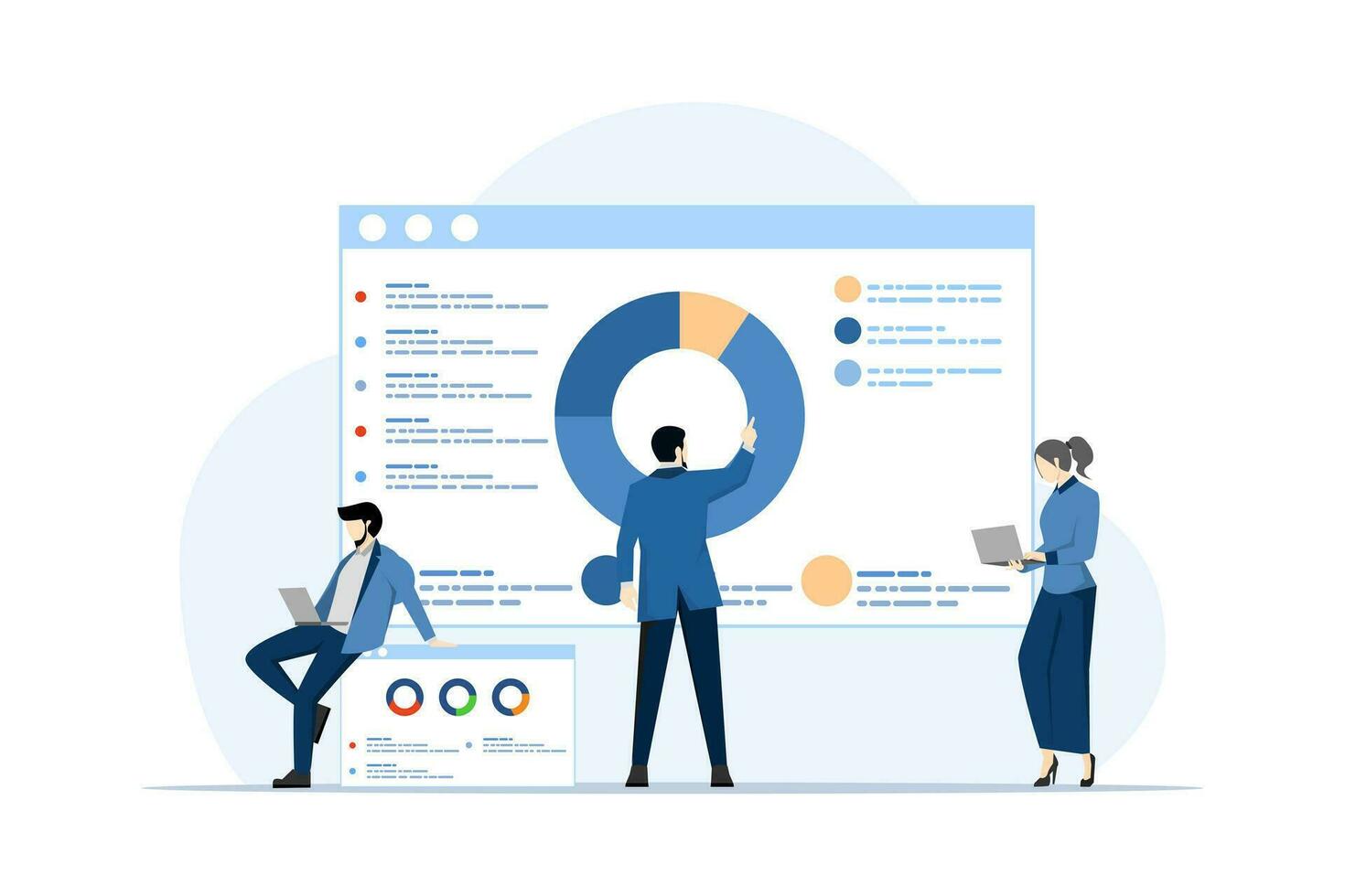 Business analysis concept, SEO optimization infographics, Business people looking for seo analysis dashboard, Financial report, Statistics, Financial Research, Marketing, Flat vector illustration.