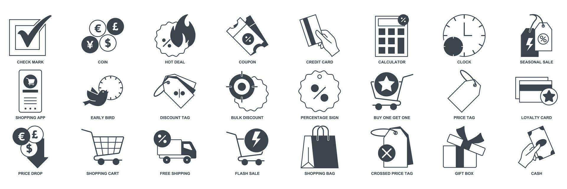 Discount icon set, Included icons as Price Tag, Early Bird, Shopping Bag, Credit Card and more symbols collection, logo isolated vector illustration