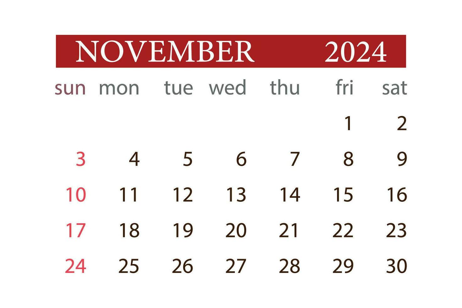 NOVEMBER 2024 calendar monthly planner start sunday template vector. vector