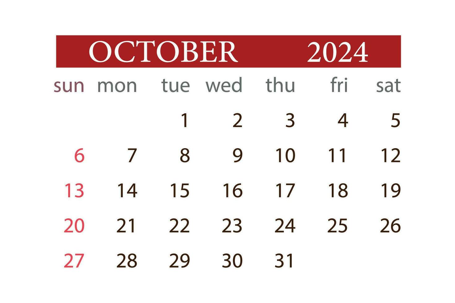 OCTOBER 2024 calendar monthly planner start sunday template vector. vector