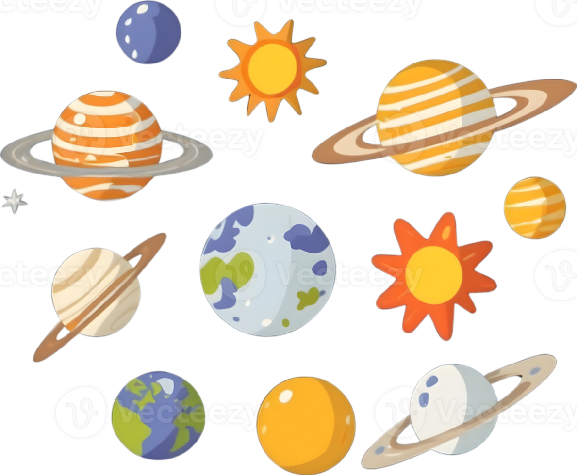 AI generated cartoon solar system planets clip art png