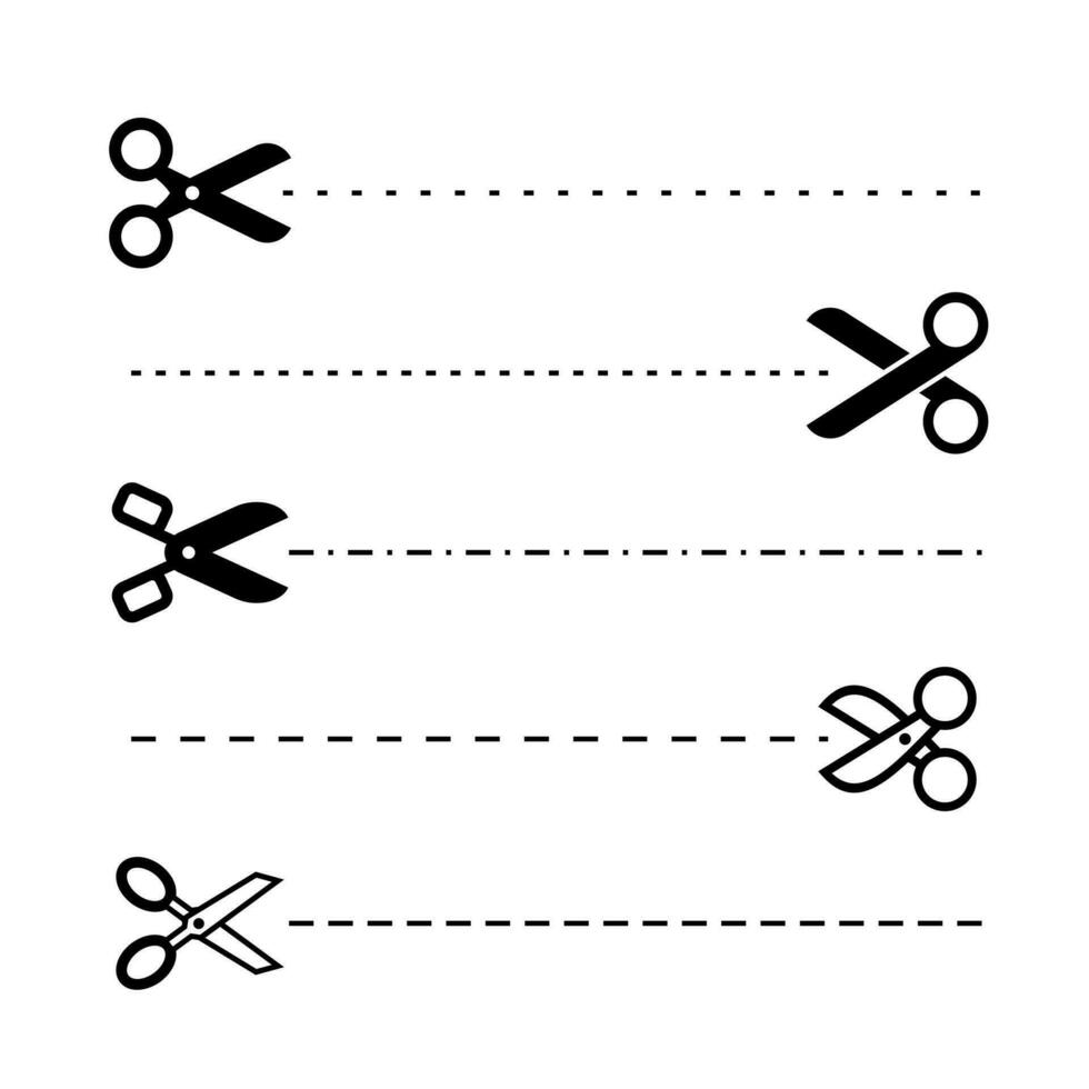 conjunto de sencillo plano tijeras icono con cortar línea ilustración diseño, silueta tijeras símbolo colección modelo vector