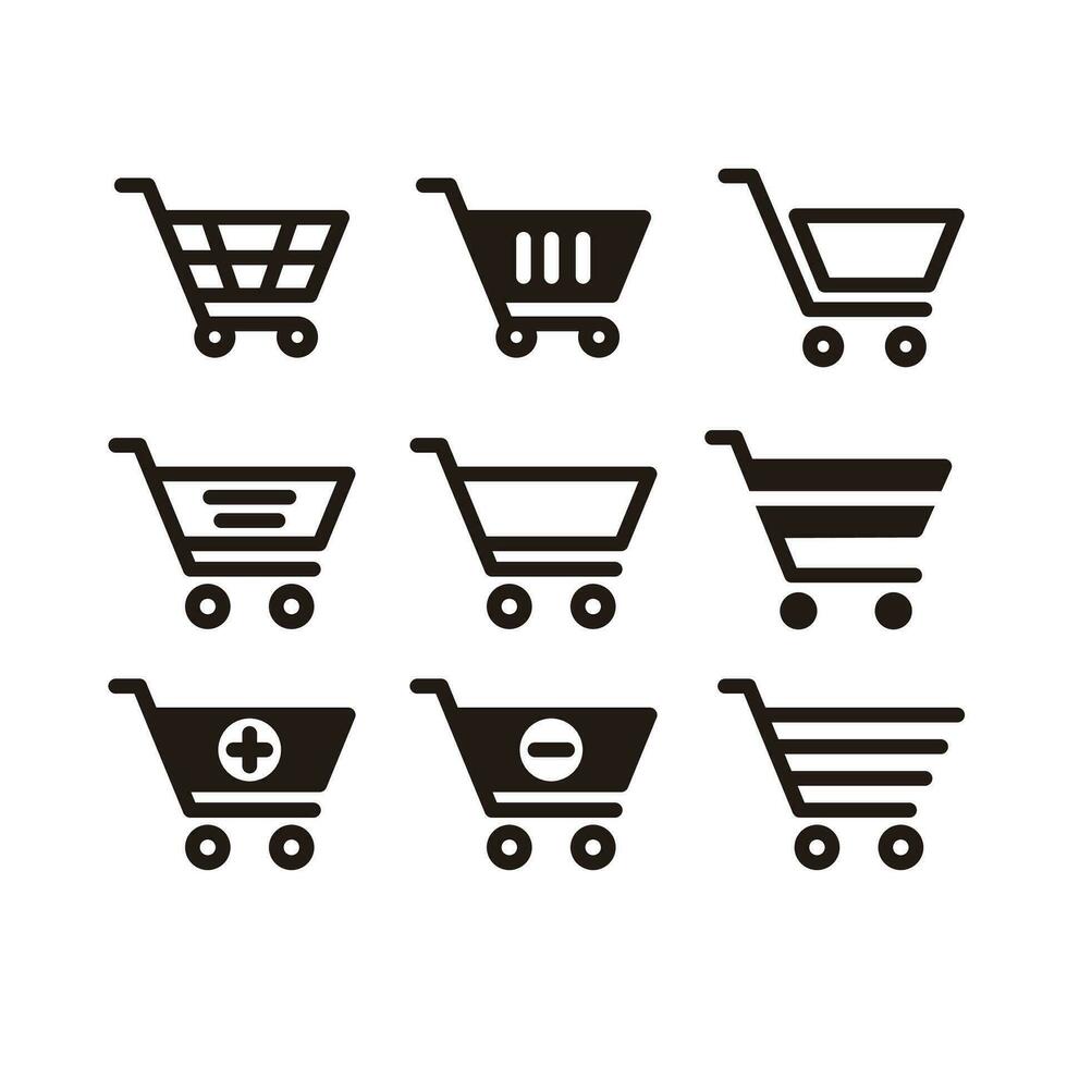 Set of Simple Flat Black Shopping Cart Icon Illustration Design, Various Silhouette Shopping Cart Symbol Collection Template Vector