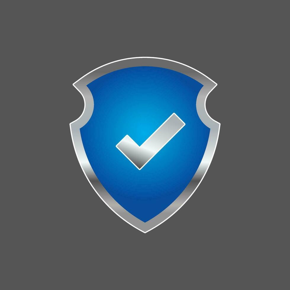 Simple Blue Shield Icon with Check Mark Illustration Design, Safe Symbol with Silver Metallic Texture Template Vector