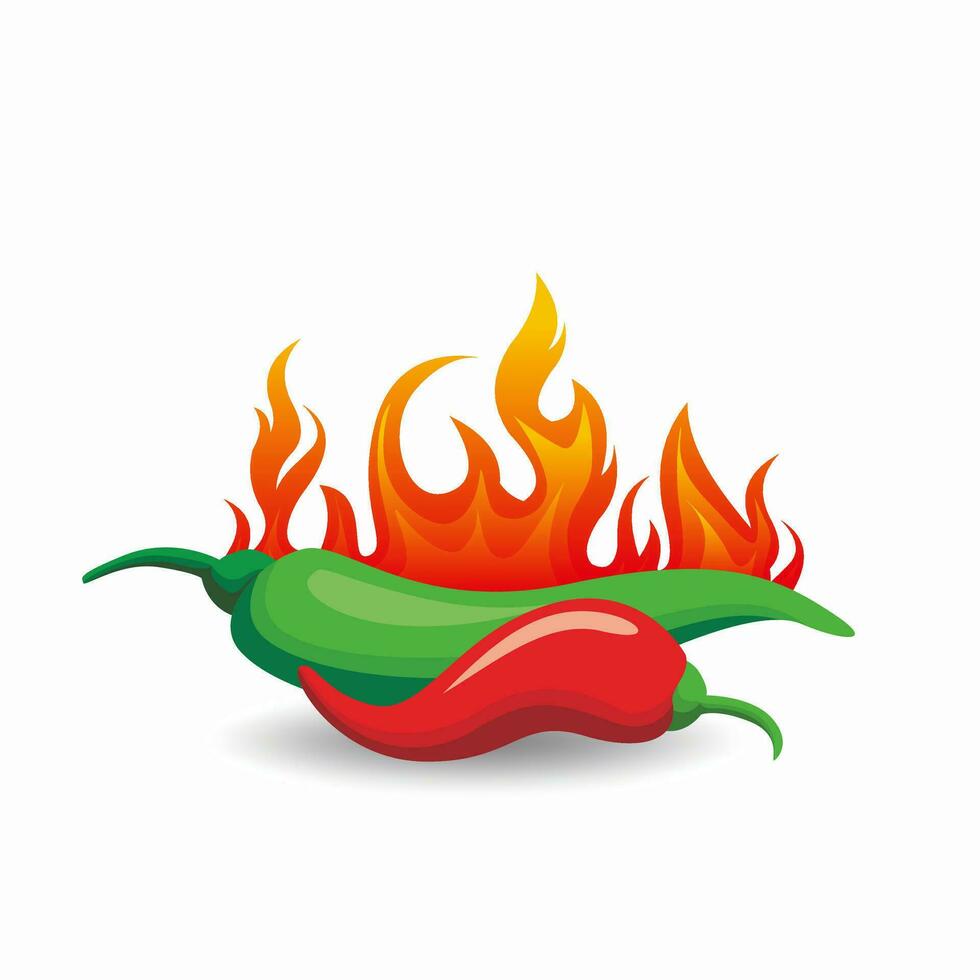 rojo y verde caliente chile pimienta con fuego ilustración diseño modelo vector