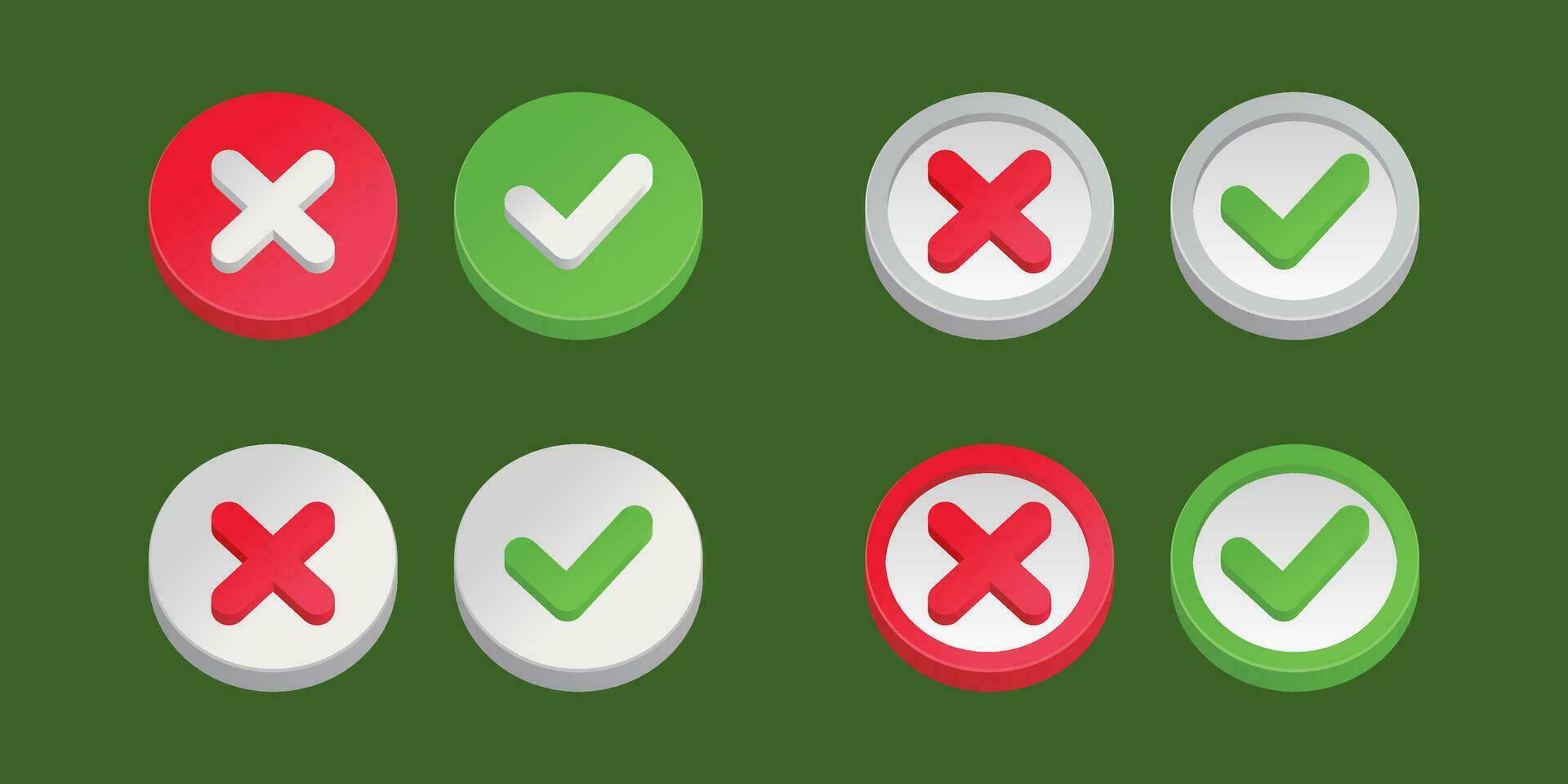 3d check mark and cross symbol button collection in flat style vector