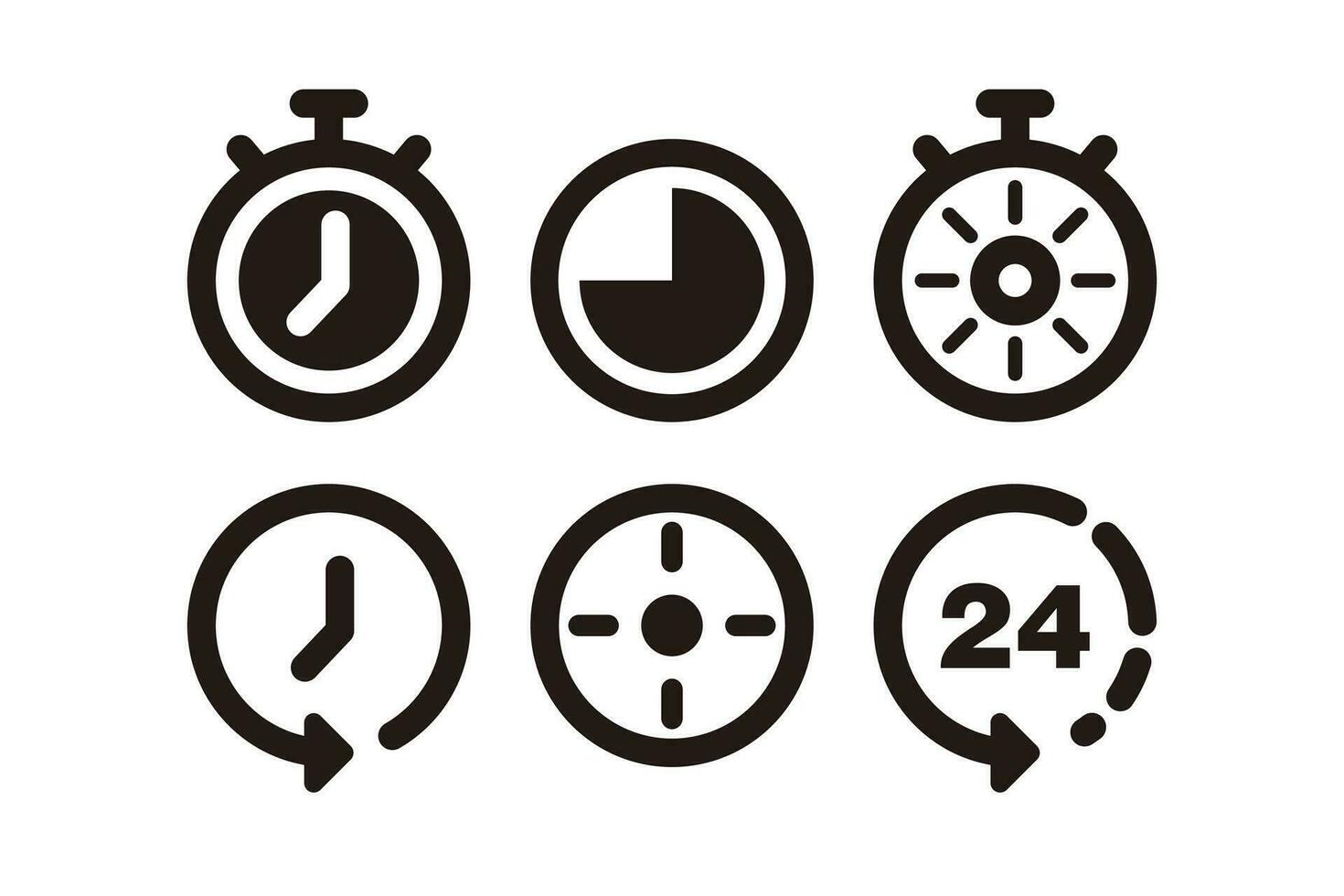 Set of Simple Flat Black Time Icon Illustration Design, Silhouette Clock Icon Collection With Outlined Style Template Vector
