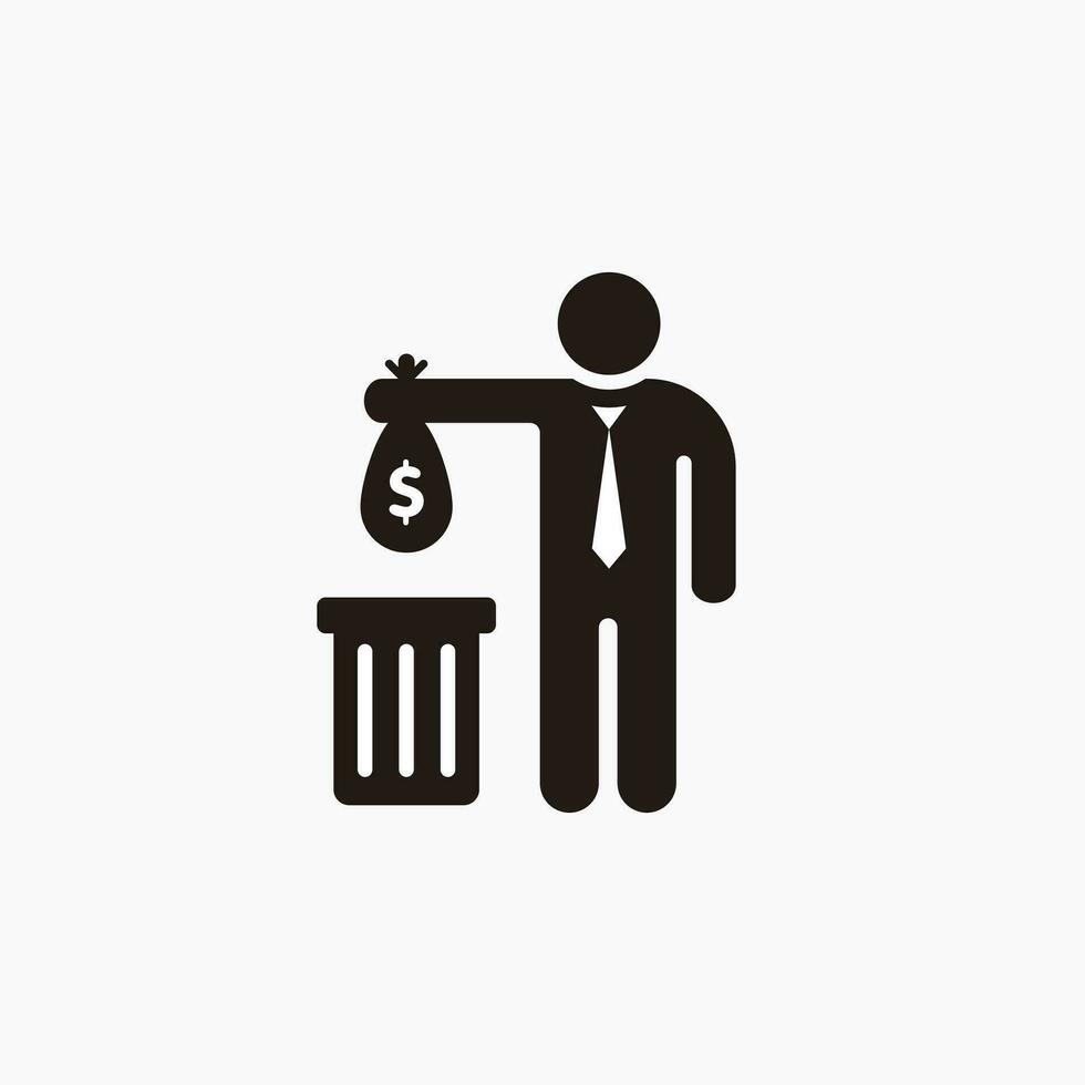 hacer no residuos dinero ilustración diseño, negocio hombre lanzar dinero en el basura ilustración modelo vector