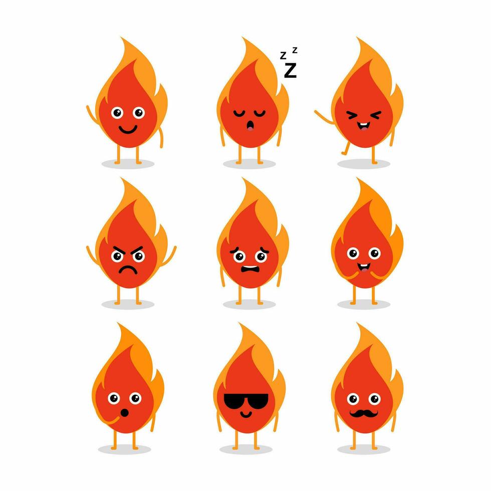 Set of cute fire cartoon characters design, flame illustration template vector