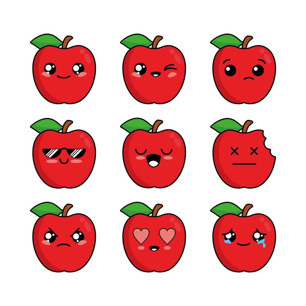 dibujos animados conjunto de linda manzana personaje diseño, manzana icono ilustración modelo vector