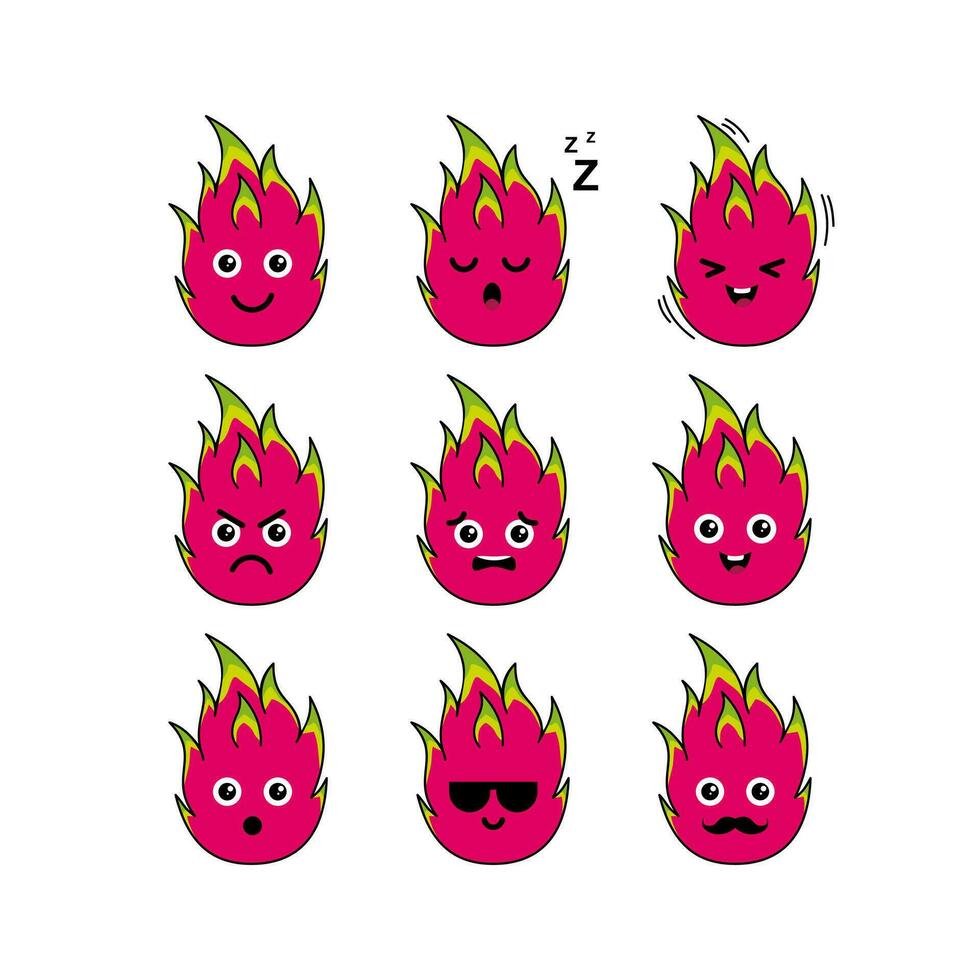 Cute dragon fruit character set illustration design, collection of cute dragon fruit emoji template vector