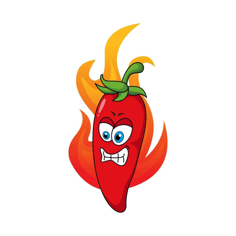 Cute Red Hot Chili Cartoon Characters Illustration Design, Chili Pepper Mascot with Angry Face in Fire Template Vector