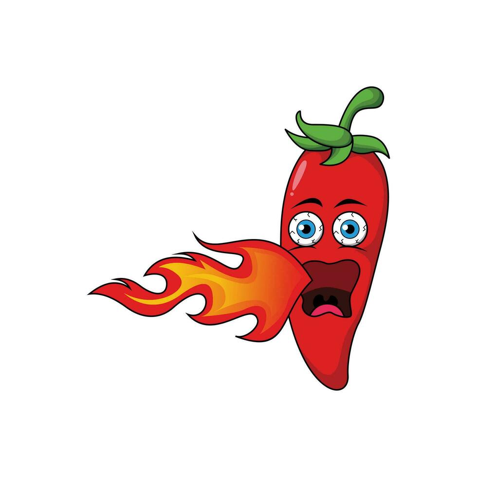 Cute Red Hot Chili Cartoon Characters Illustration Design, Chili Pepper Mascot Breathing Fire with Outlined Style Template Vector