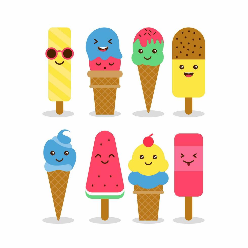 Cute flat ice cream character set Illustration Design with soft color, Ice Cream cartoon character Template Vector