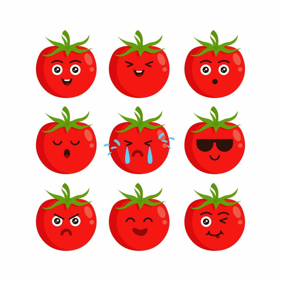 Cute flat red tomato character set illustration design, tomato cartoon emoji characters template vector