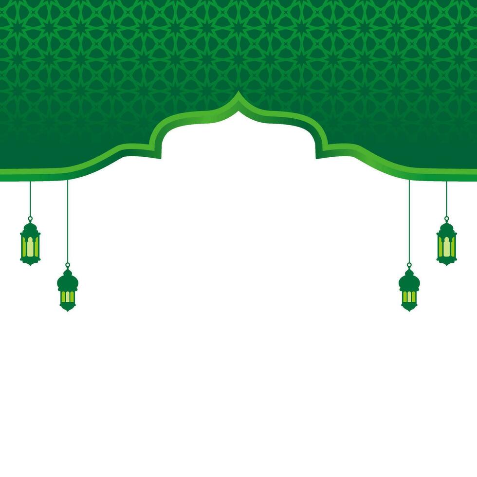 green mosque frame with lantern and islamic pattern background vector