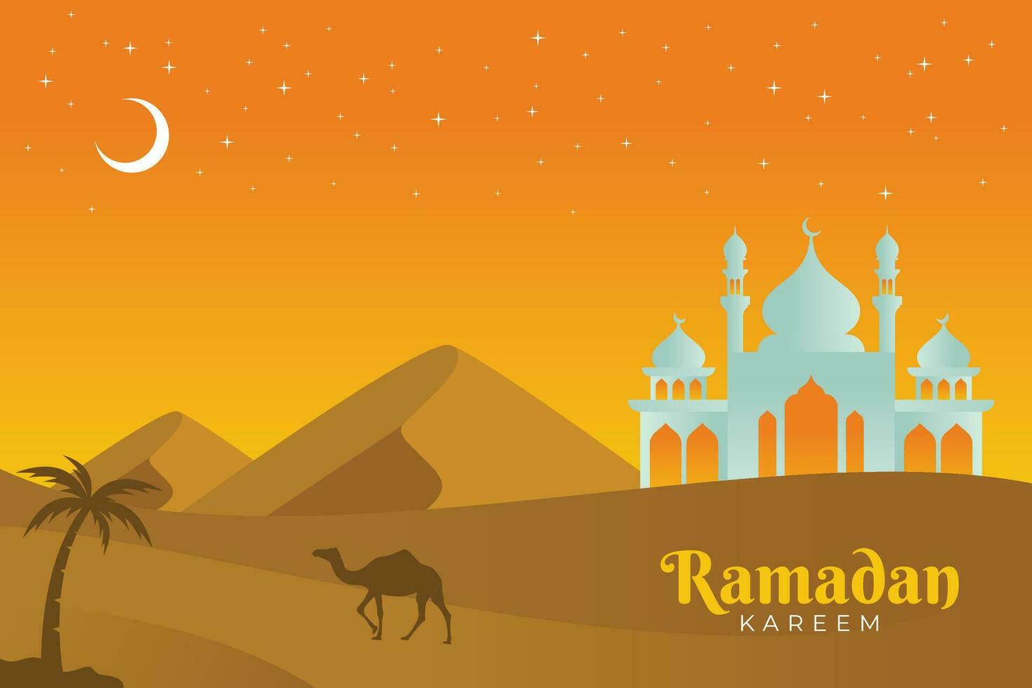 islamic background with white mosque and orange sky, ramadan kareem template vector